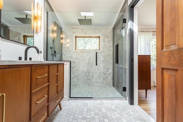 168 Varao Ave, Somerset, MA 02726 - bathroom with a stall shower, ornamental molding, vanity, and tile patterned floors