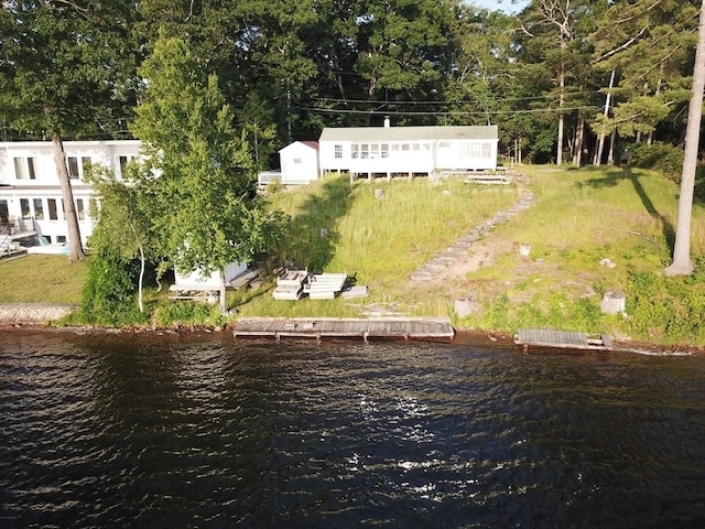 drone / aerial view with a water view