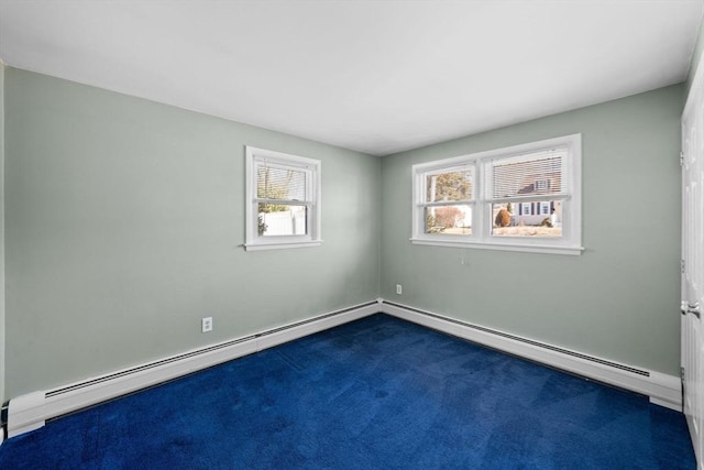 unfurnished room featuring a healthy amount of sunlight, a baseboard radiator, and dark carpet