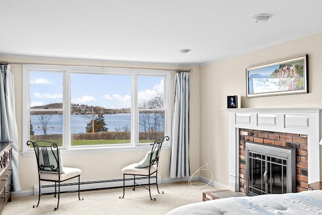 carpeted bedroom with baseboards, ornamental molding, a baseboard radiator, and multiple windows