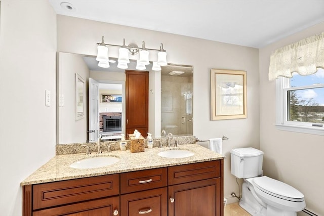 bathroom with a shower stall, toilet, a sink, and double vanity