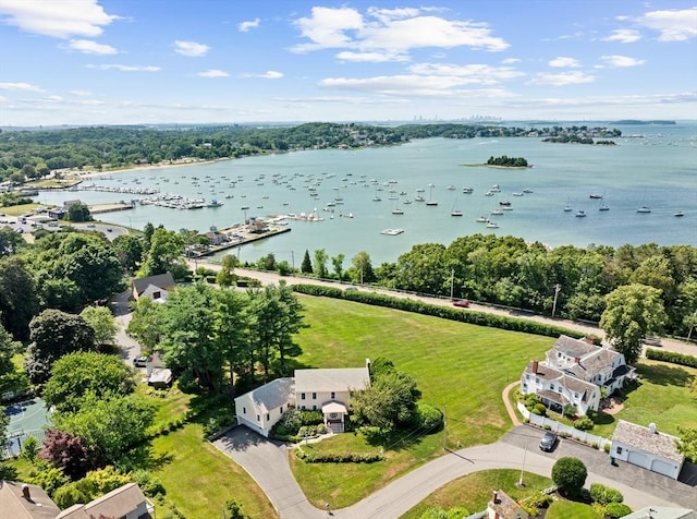drone / aerial view with a water view