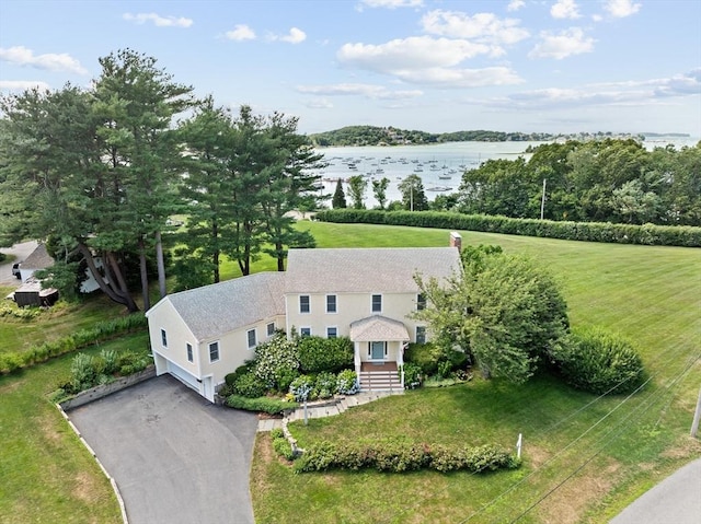 aerial view featuring a water view