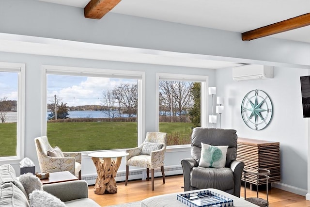 sunroom featuring beamed ceiling, a water view, and a wall mounted air conditioner