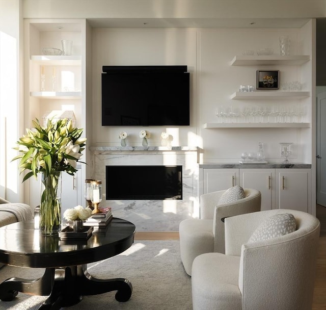 living room featuring hardwood / wood-style flooring, built in features, and a premium fireplace