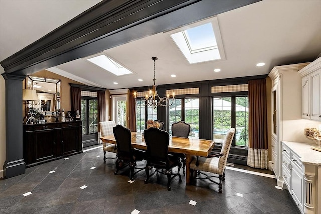 18 Connors Way, Leominster, MA 01453 - dining room with a skylight, vaulted ceiling, a chandelier, crown molding, and recessed lighting