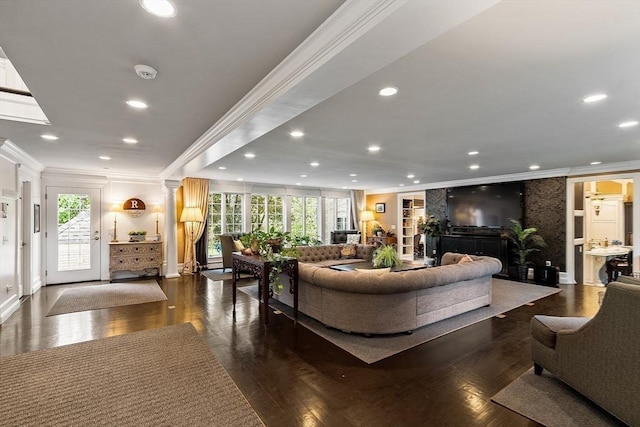 18 Connors Way, Leominster, MA 01453 - living area with ornate columns, ornamental molding, plenty of natural light, recessed lighting, and dark wood-type flooring