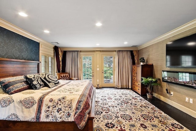 18 Connors Way, Leominster, MA 01453 - bedroom with ornamental molding, access to outside, baseboards, wood finished floors, and wallpapered walls