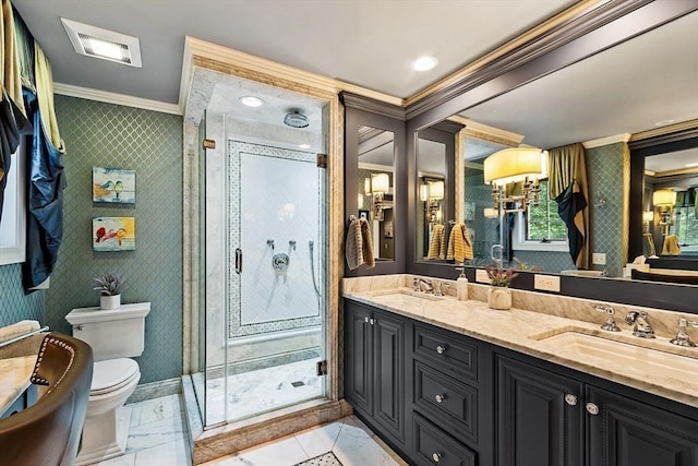 18 Connors Way, Leominster, MA 01453 - bathroom featuring ornamental molding, toilet, double vanity, and a shower stall