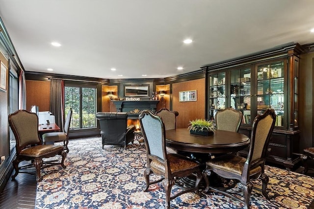 18 Connors Way, Leominster, MA 01453 - dining space featuring crown molding, recessed lighting, and a fireplace