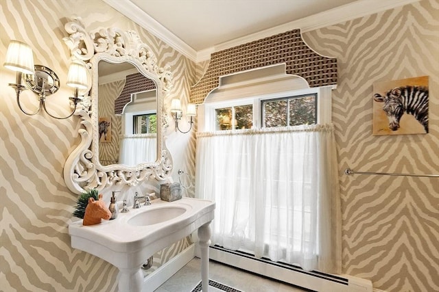 18 Connors Way, Leominster, MA 01453 - bathroom with wallpapered walls, a baseboard heating unit, crown molding, a sink, and tile patterned flooring