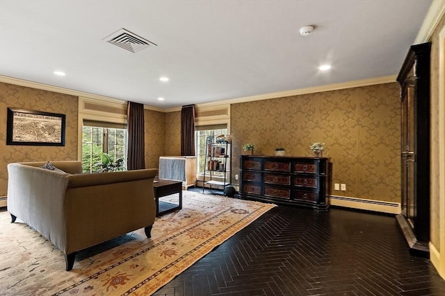 18 Connors Way, Leominster, MA 01453 - living room with wallpapered walls, crown molding, baseboard heating, recessed lighting, and baseboards