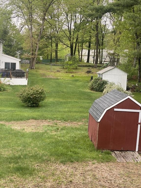view of grassy yard with a shed and an outdoor structure