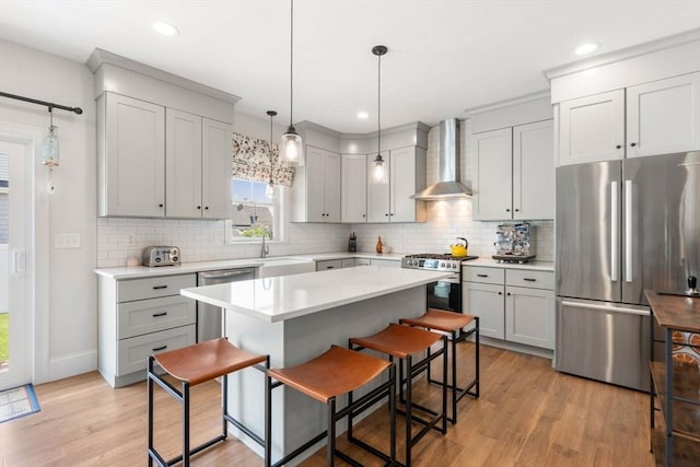 34 Sumner St Unit 34, Norfolk, MA 02056 - kitchen with appliances with stainless steel finishes, wall chimney range hood, gray cabinets, light wood-style flooring, and decorative backsplash