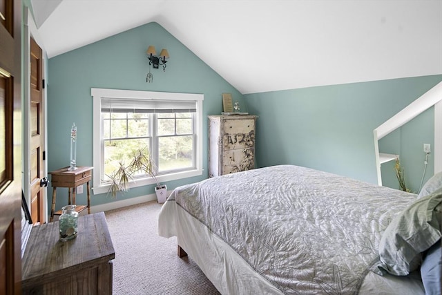 bedroom with lofted ceiling and carpet floors