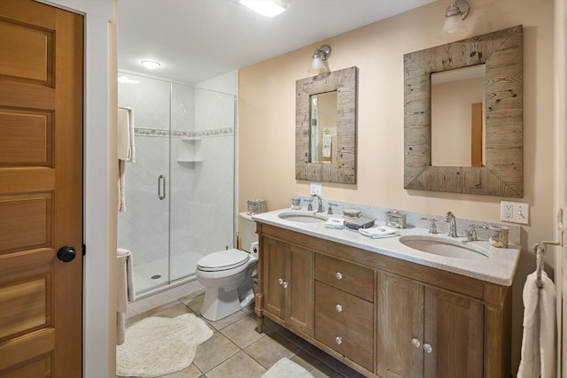 bathroom with toilet, walk in shower, tile patterned floors, and vanity