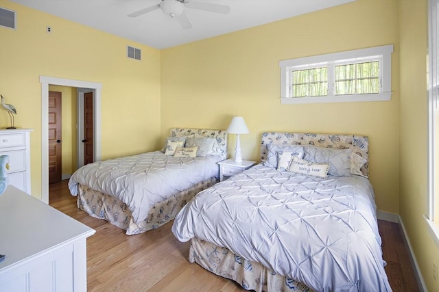 bedroom featuring ceiling fan and light wood-type flooring