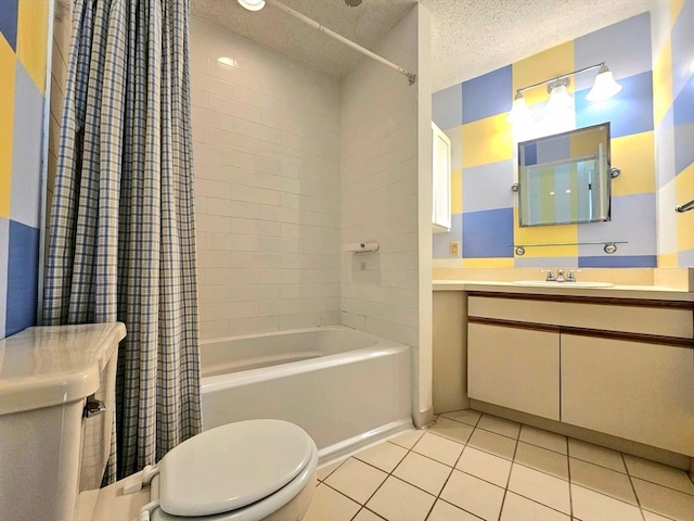 full bathroom with toilet, tile patterned flooring, vanity, a textured ceiling, and shower / bath combination with curtain