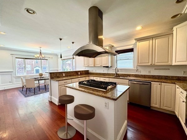 kitchen with stainless steel appliances, a healthy amount of sunlight, island range hood, and a kitchen island