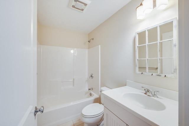 bathroom featuring shower / bathtub combination, visible vents, toilet, vanity, and tile patterned floors