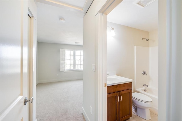 full bath with shower / washtub combination, visible vents, toilet, vanity, and baseboards