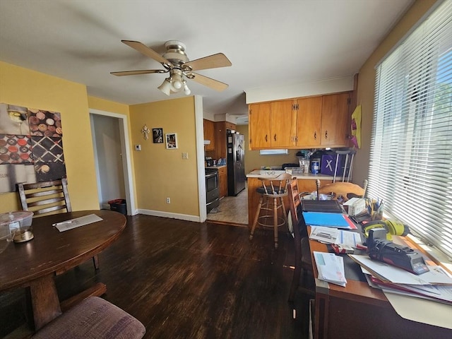 344 Frieda St, New Bedford, MA 02744 - kitchen featuring stainless steel fridge with ice dispenser, dark wood-style flooring, a ceiling fan, brown cabinets, and light countertops