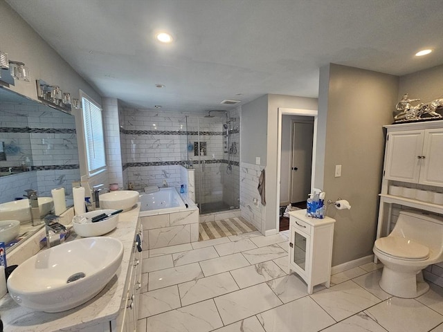 344 Frieda St, New Bedford, MA 02744 - full bathroom with marble finish floors, a whirlpool tub, baseboards, a shower stall, and double vanity