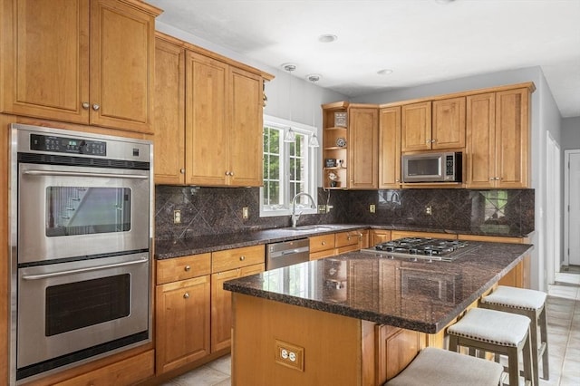 6 Paddock Dr, Lincoln, RI 02865 - kitchen with appliances with stainless steel finishes, a sink, open shelves, a kitchen bar, and light tile patterned flooring
