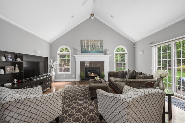 6 Paddock Dr, Lincoln, RI 02865 - living room with wood finished floors, plenty of natural light, a premium fireplace, vaulted ceiling, and baseboards