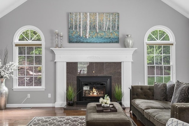 6 Paddock Dr, Lincoln, RI 02865 - living area featuring lofted ceiling, wood finished floors, a lit fireplace, plenty of natural light, and baseboards