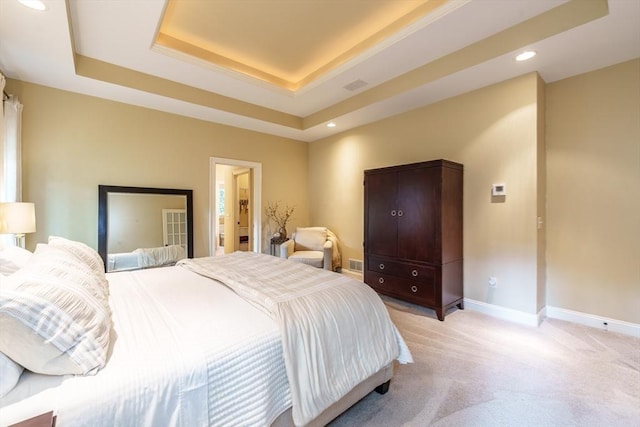 7 Brimfield Way, Westfield, MA 01085 - bedroom featuring light carpet, a tray ceiling, baseboards, and recessed lighting