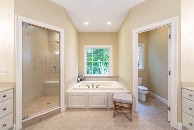 7 Brimfield Way, Westfield, MA 01085 - full bathroom with vanity, a garden tub, a stall shower, toilet, and tile patterned floors