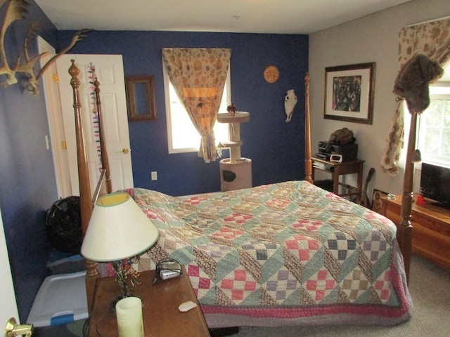 carpeted bedroom featuring multiple windows