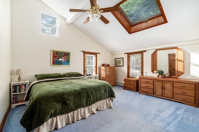 bedroom with light carpet, high vaulted ceiling, a skylight, ceiling fan, and baseboard heating