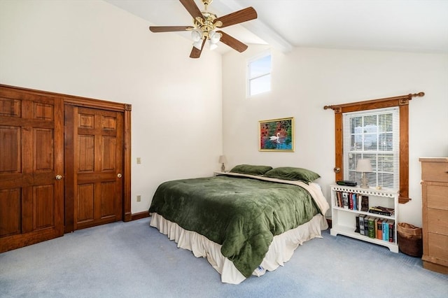 bedroom featuring ceiling fan, beamed ceiling, high vaulted ceiling, and light carpet