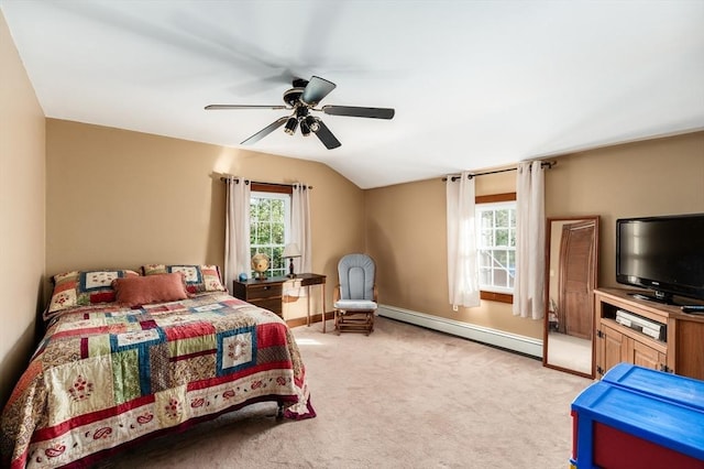 bedroom featuring lofted ceiling, light colored carpet, ceiling fan, and a baseboard heating unit