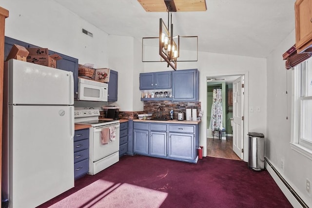 29 Shady Ave, Westminster, MA 01473 - kitchen with lofted ceiling, a baseboard heating unit, white appliances, blue cabinetry, and pendant lighting