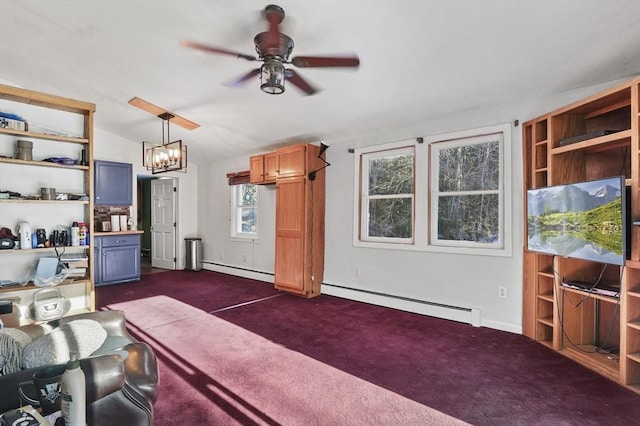 29 Shady Ave, Westminster, MA 01473 - unfurnished living room with lofted ceiling, dark colored carpet, ceiling fan with notable chandelier, and a baseboard radiator
