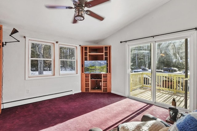 29 Shady Ave, Westminster, MA 01473 - unfurnished living room with a baseboard radiator, lofted ceiling, dark carpet, ceiling fan, and baseboards