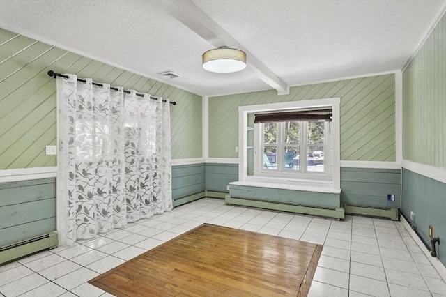29 Shady Ave, Westminster, MA 01473 - bathroom with beamed ceiling, a baseboard radiator, visible vents, and tile patterned floors