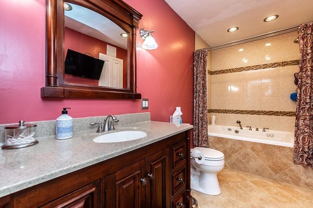 full bathroom featuring vanity, toilet, tile patterned floors, and shower / bathtub combination with curtain