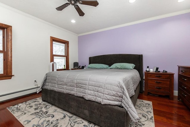 bedroom featuring ceiling fan, dark wood-type flooring, multiple windows, and crown molding