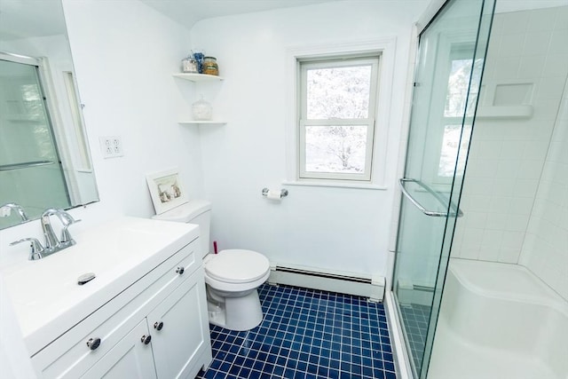 bathroom with toilet, a shower with shower door, a baseboard heating unit, and vanity