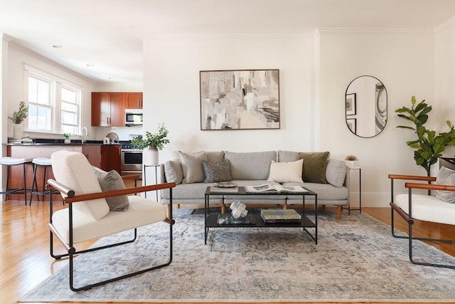 living room with baseboards, light wood-style floors, and crown molding