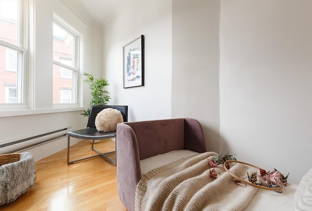 living area featuring a baseboard radiator and light wood-style flooring