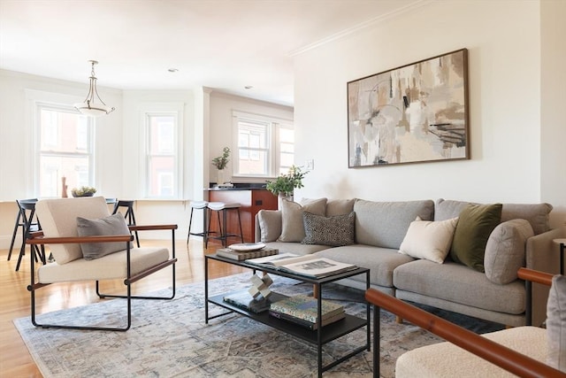 living area with crown molding and light wood-style floors