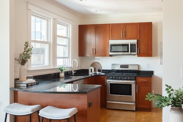 kitchen with light wood-type flooring, brown cabinets, dark countertops, stainless steel appliances, and a peninsula