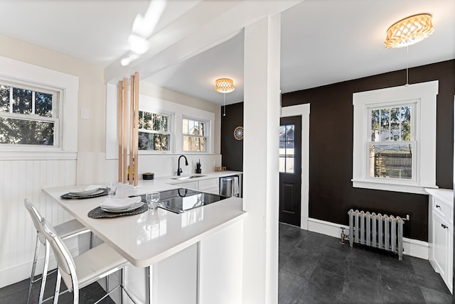 kitchen with radiator heating unit, decorative light fixtures, white cabinetry, sink, and a breakfast bar