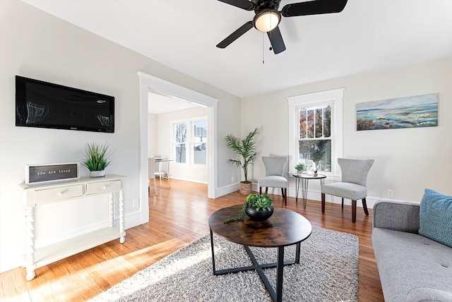 living room with ceiling fan, plenty of natural light, and hardwood / wood-style flooring