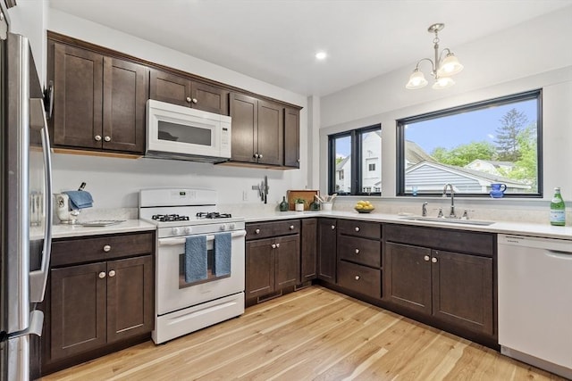 14 Thoreau St, Concord, MA 01742 - kitchen featuring white appliances, a sink, light wood finished floors, dark brown cabinetry, and a chandelier